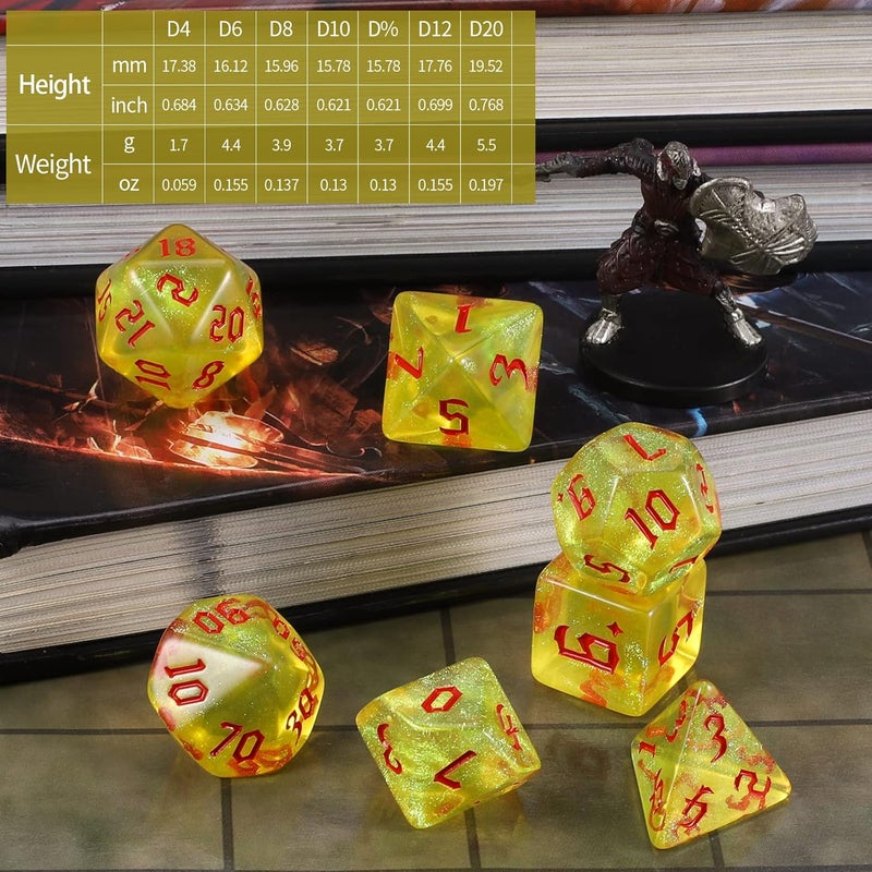 CiaraQ DND Polyhedral Dice Set with Dice Bag for Dungeons and Dragons RPG MTG Role Playing Table Games (Yellow + Glitter + Red Font) - Image 3